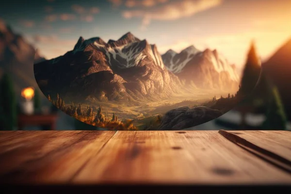 A wooden table with a picture of a mountain range in the background with a light shining on the table anamorphic lens a detailed matte painting photorealism