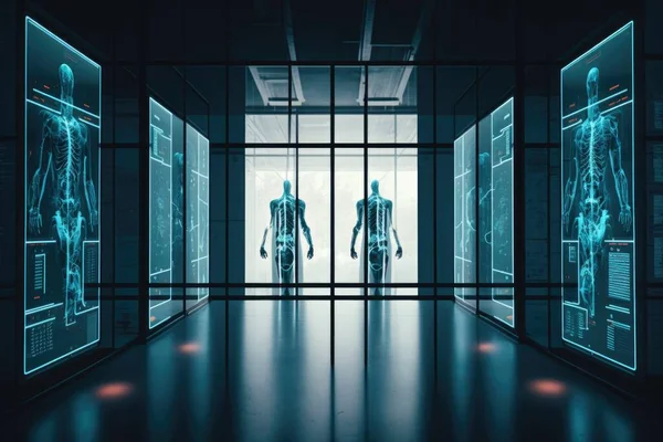 A man in a suit walking through a hallway with a large window and a neon light cybernetics cyberpunk art les automatistes