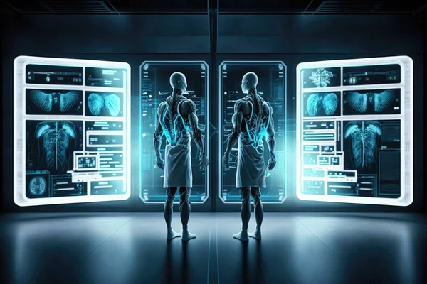 Two people standing in front of a display of medical images in a dark room with neon lights biopunk a hologram holography