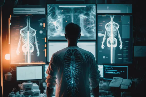 A man standing in front of a computer screen with a skeleton on it\'s back biopunk cyberpunk art neoplasticism