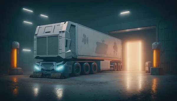 A semi truck parked in a warehouse with a door open to another truck in the background redshift render an ambient occlusion render photorealism