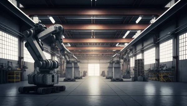 A large industrial building with a robot in the middle of it\'s floor and windows robots an ambient occlusion render les automatistes