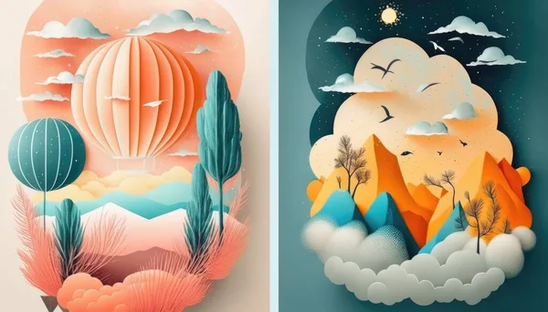 Two paper cut art pieces of mountains and a hot air balloon in the sky with clouds colorful flat surreal design a storybook illustration process art