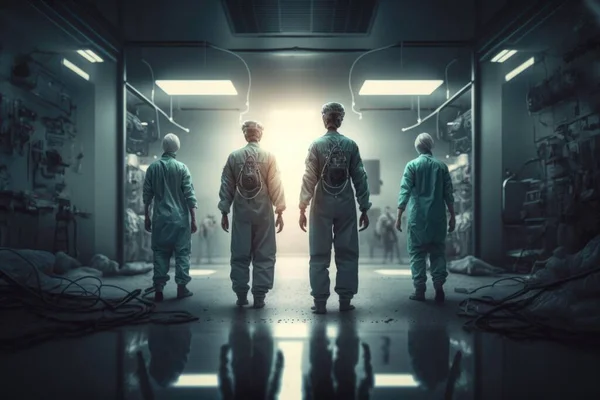 Three men in suits walking through a dark room with wires on the floor and a light at the end of the room cinematic photography a detailed matte painting nuclear art