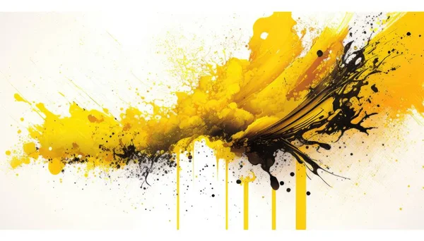 A yellow and black paint splattered on a white background with a black and yellow stripe yellow an airbrush painting action painting