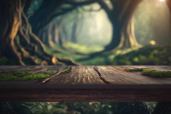 A wooden table with moss on it in a forest with a light shining through the trees cinematic matte painting a detailed matte painting photorealism