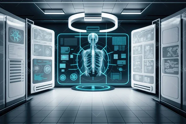 A futuristic room with a skeleton in the center of it and a lot of screens cybernetics computer graphics neoplasticism