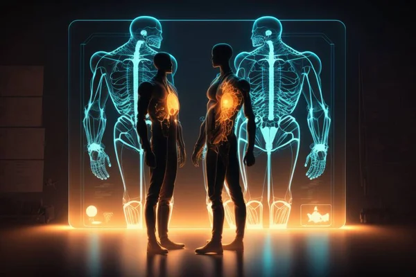 Two human figures with glowing neon lights in a dark room with a neon light in the middle biomechanical computer graphics holography