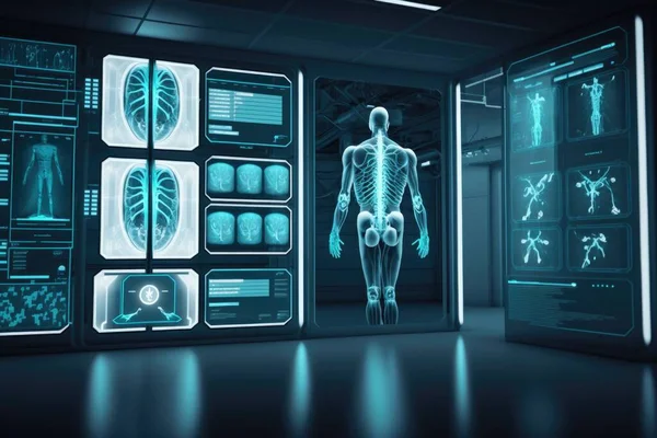 A futuristic medical room with a skeleton and medical equipment in it\'s display area cybernetics computer graphics neoplasticism