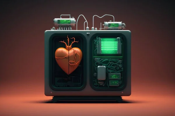 A heart shaped device with a machine attached to it\'s side and a circuit board attached to it biopunk cyberpunk art assemblage