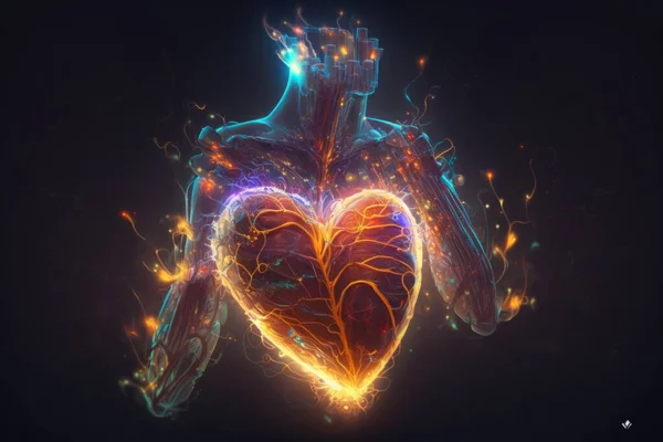 A heart with a glowing body and a glowing heart in the middle of it with a black background biomechanical a hologram analytical art