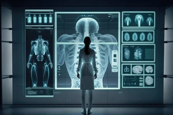 A woman standing in front of a display of human anatomy and skeleton images in a dark room biopunk a hologram holography