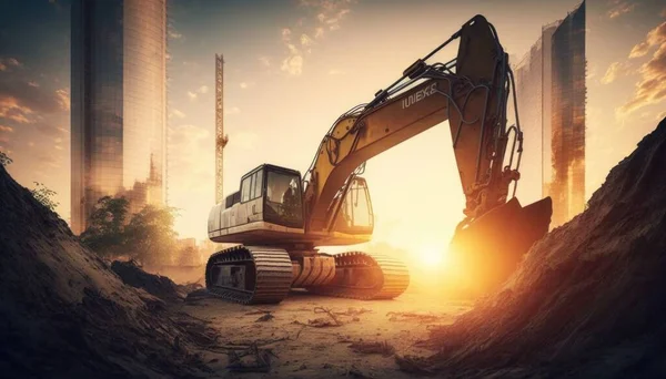A large construction vehicle is in the middle of a construction site at sunset with skyscrapers in the background hard surface a digital rendering environmental art