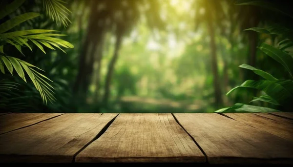 A wooden table with a blurry background of a forest scene with a sunbeam forest background an ambient occlusion render primitivism