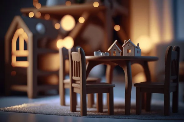 A small table and chairs with a doll house in the background and a doll house on the floor rendered in unreal 5 a tilt shift photo photorealism