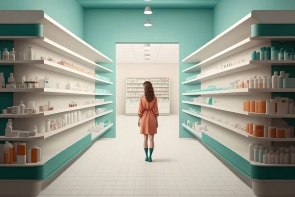 A woman in a pharmacy shop looking at shelves of medicine bottles and bottles on shelves hyper real a digital rendering photorealism