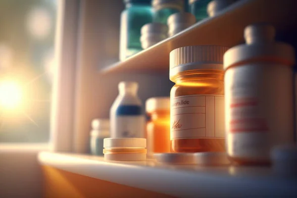 A shelf filled with lots of bottles of medicine and pills on it's sides realistic render a 3d render neoplasticism