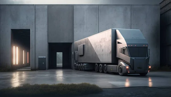 A semi truck parked in a parking garage next to a building with a door open ultra realistic illustration a 3d render photorealism