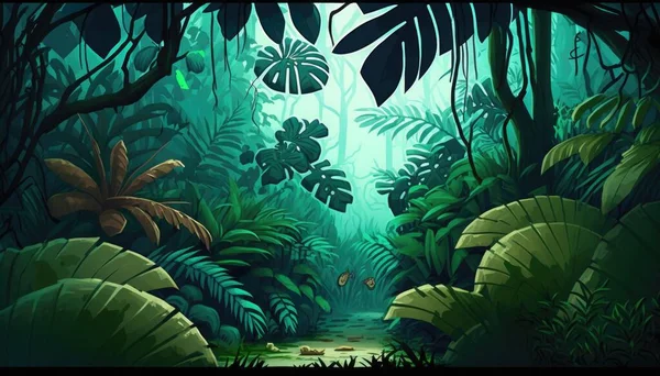 A painting of a jungle scene with a stream and lots of plants and trees in the background jungle a detailed matte painting environmental art