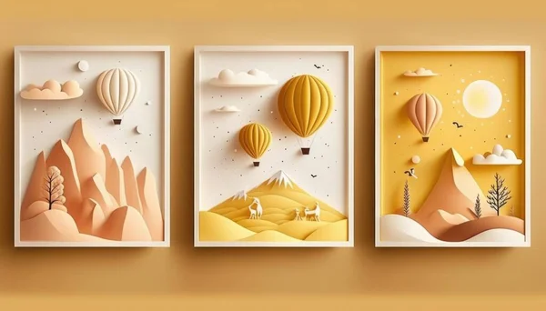 Three paper cut art paintings of hot air balloons flying over mountains and desert landscape with trees colorful flat surreal design a storybook illustration process art