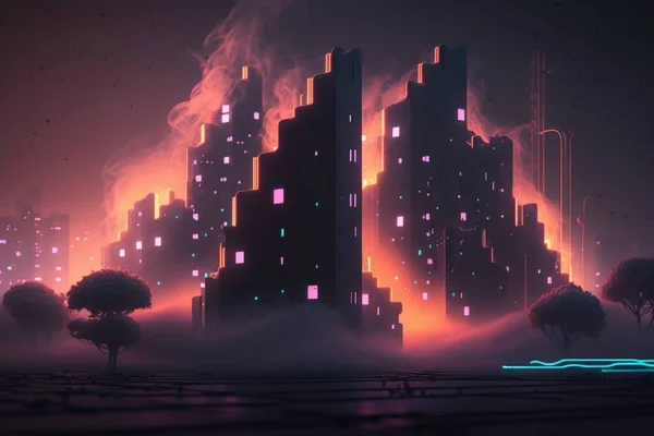 A futuristic city with a lot of buildings and trees in the foreground and a neon blue light in the background volumetric lights a matte painting retrofuturism