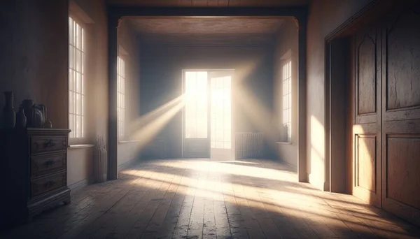 A room with a light coming through the window and a dresser in the corner of the room dim volumetric lighting a raytraced image light and space