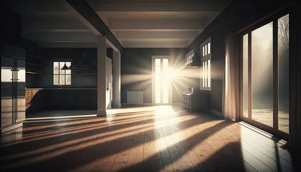 A room with a wooden floor and a large window with the sun shining through it dim volumetric lighting a raytraced image light and space