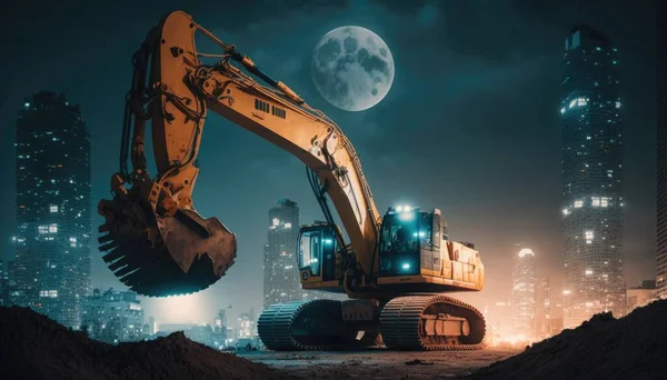 A large construction vehicle is in the middle of a city at night with a full moon in the background detailed lighting a matte painting deconstructivism