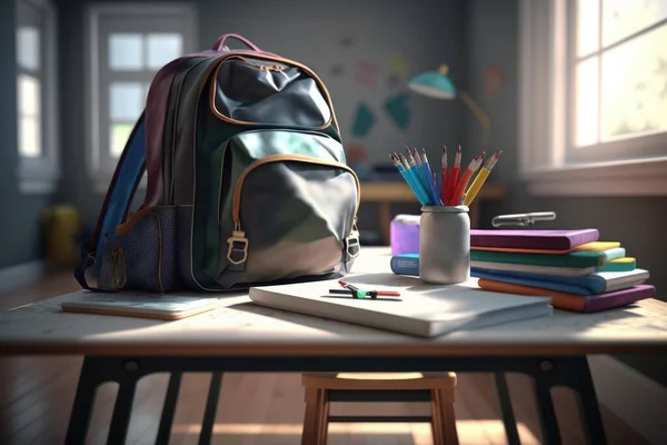 A Backpack Sitting On A Table With A Book And Pencils Classroom Photorealism Mathematics Education