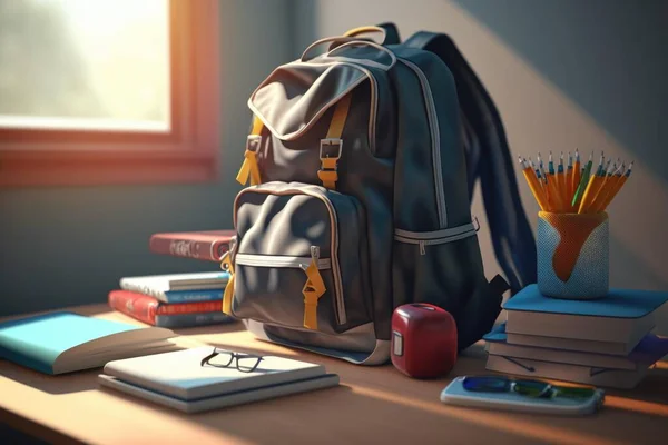 A Backpack Sitting On A Desk With Books And Pencils Classroom Advertising Photography Distance Education