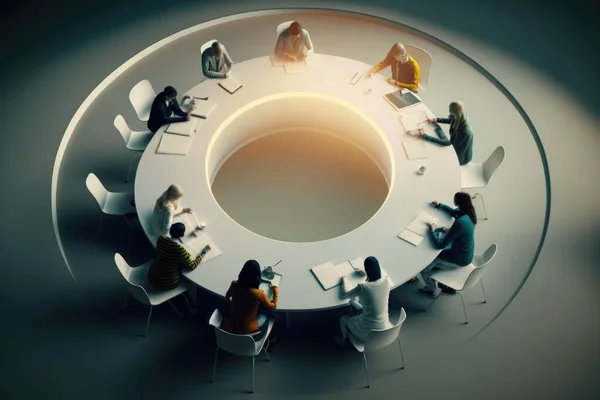 A Group Of People Sitting Around A Table With A Circular Table Conference Room Panoramic Photography Corporate Governance