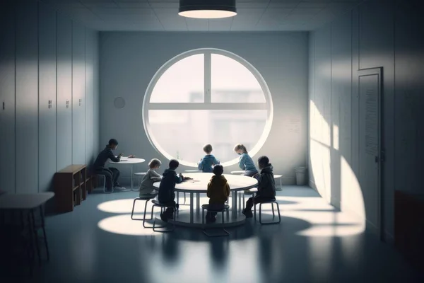 A Group Of People Sitting Around A Table In A Room Conference Room Advertising Photography Architectural Design