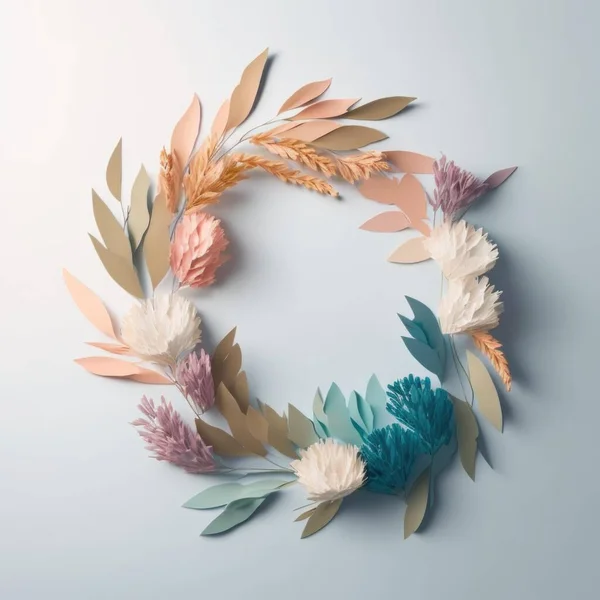 A Paper Wreath With Flowers And Leaves On A Blue Background Coral Reef Paper Cutting Fiber Arts