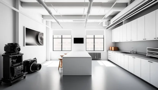 A Large Kitchen With A Large Window And A Camera Kitchen Minimalism Interior Photography