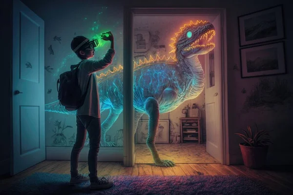 A Boy Standing In Front Of A Door With A Dinosaur Light On Zoo Stereoscopic Photography Augmented Reality