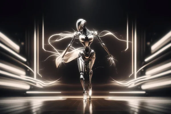 A Woman In A Futuristic Suit Is Walking Through A Tunnel Nightclub Kinetic Art Robotics Engineering