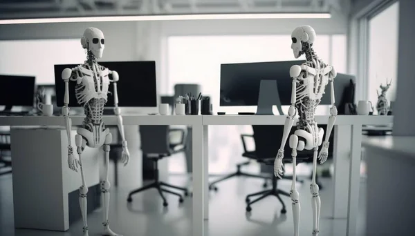 Two Skeletons Sitting At A Desk In An Office Workshop Animation Workplace Wellness