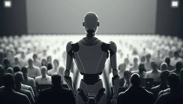 A Robot Standing In Front Of A Crowd Of People Conference Room Performance Art Artificial Intelligence