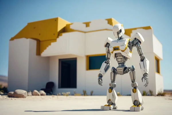 A Robot Standing In Front Of A Building With A Yellow Roof Beach House Animation Robotics Engineering