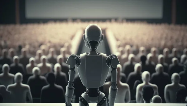 A Robot Standing In Front Of A Crowd Of People Workshop Assemblage Artificial Intelligence