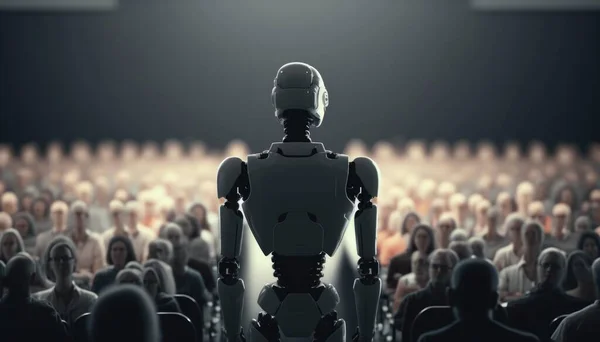 A Robot Standing In Front Of A Crowd Of People Conference Room Performance Art Artificial Intelligence