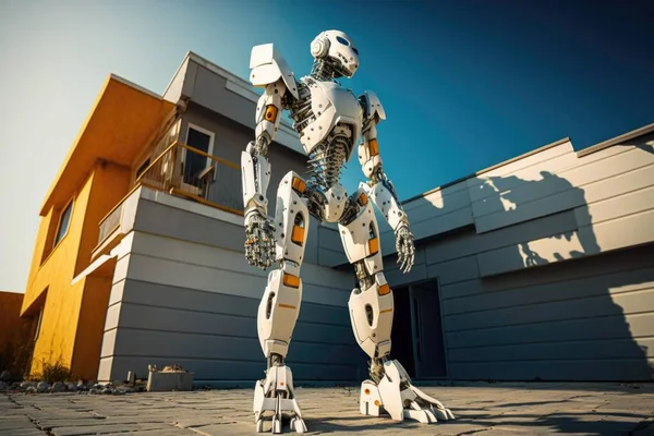 A Robot Standing In Front Of A Building With A House In The Background Workshop Panoramic Photography Robotics Engineering