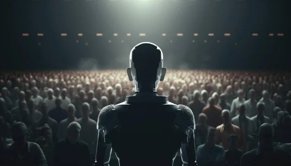 A Robot Standing In Front Of A Crowd Of People Factory Animation Artificial Intelligence