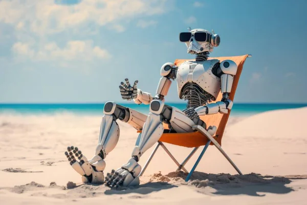 A Robot Sitting In A Chair On The Beach Beach Stereoscopic Photography Robotics Engineering