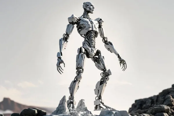 A Robot Standing On A Rock In The Desert Rocky Desert Terrain Animation Robotics Engineering