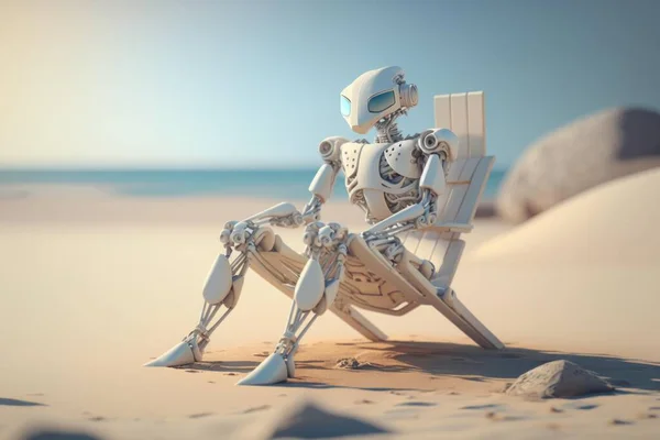 A Robot Sitting On A Beach Chair In The Sand Beach Animation Robotics Engineering