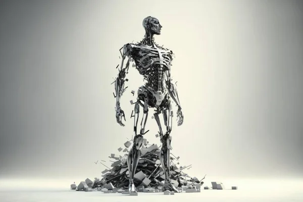 A Skeleton Standing In A Pile Of Rubble With A Gray Background Junkyard Assemblage Robotics Engineering