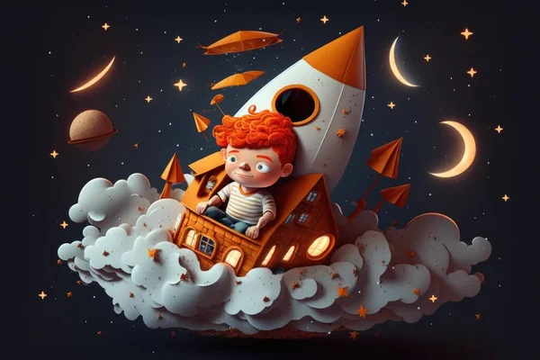 A Boy Is Sitting On A Rocket Ship In The Sky Lunar Landscape Animation Digital Illustration