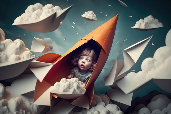 A Child Is In A Paper Rocket With Clouds Workshop Advertising Photography Advertising Design