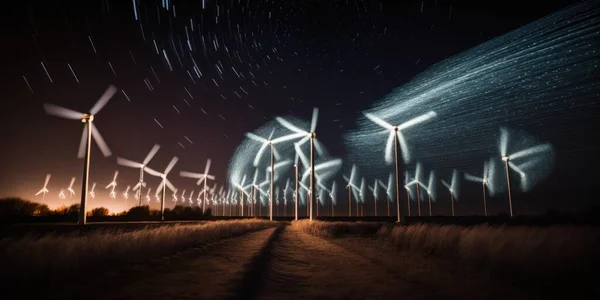 A Row Of Wind Turbines In A Field At Night Wind Farm Long Exposure Photography Energy Law